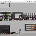 Colorful Perfume and Cosmetics Display with Eyeshadow Palettes Nail Polish Bottles and Makeup Brushes