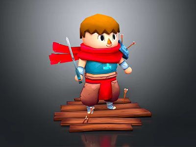Cartoon Warrior Character With Orange Hair Red Scarf Blue Outfit And Sword On Wooden Platform 3d model