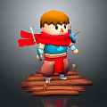 Cartoon Warrior Character With Orange Hair Red Scarf Blue Outfit And Sword On Wooden Platform