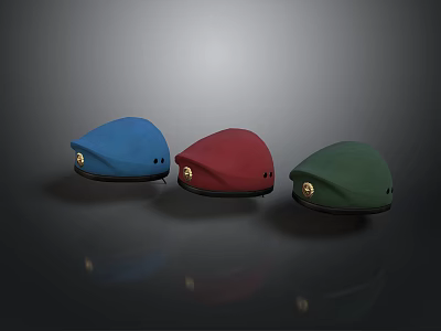 Blue Red Green Beret Hats With Golden Badge On Dark Reflective Background 3d model