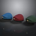 Blue Red Green Beret Hats With Golden Badge On Dark Reflective Background