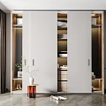 Modern Wardrobe Design With Sliding Doors Interior Lighting Storage Shelves And Side Table Plant