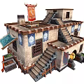 Classic Ancient Building With Stone Steps Carved Wooden Windows Decorative Banners And Traditional Roof