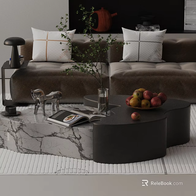 Brown Sofa with Cushions and Marble Black Coffee Table Set Featuring Fruits Magazine Vase Decor 3d model 
