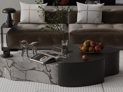 Brown Sofa with Cushions and Marble Black Coffee Table Set Featuring Fruits Magazine Vase Decor 3d model
