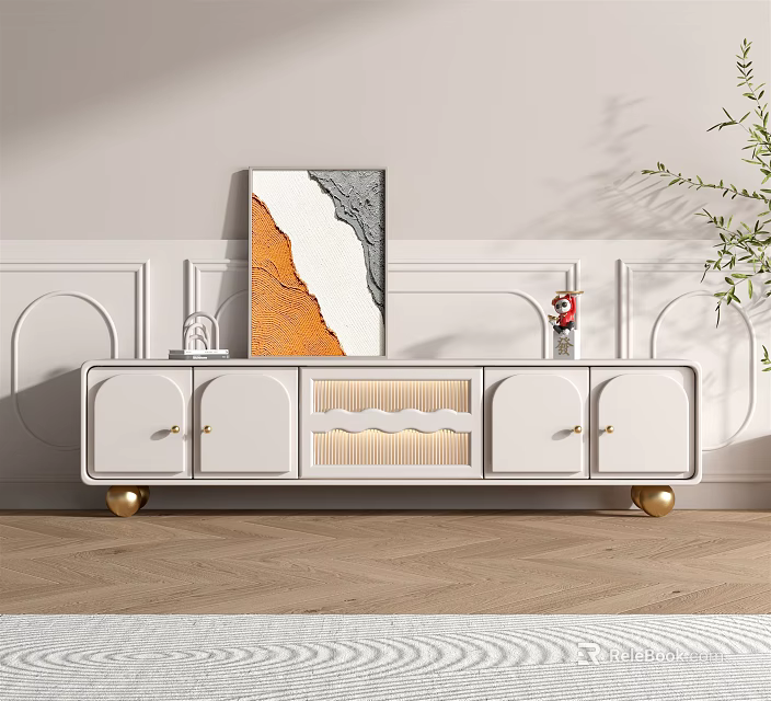 White TV Stand with Golden Legs Modern Design Decorative Panels and Artwork on Wooden Floor 3d model 