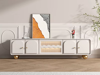 White TV Stand with Golden Legs Modern Design Decorative Panels and Artwork on Wooden Floor 3d model