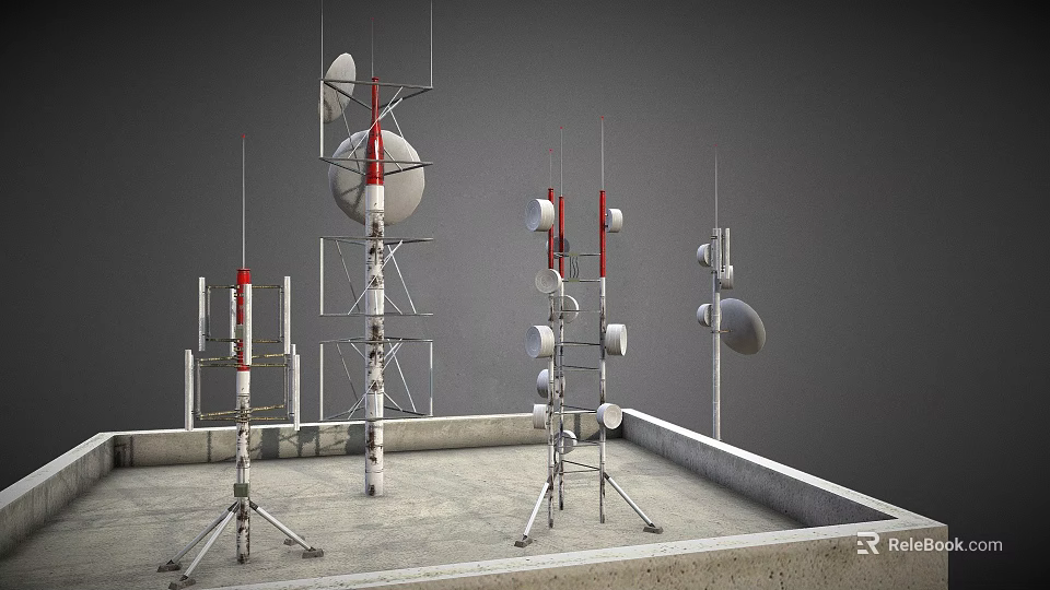 Public Communication Facilities with Antennas Satellite Dishes and Metal Mounts on Rooftop Platform Structure 3d model 