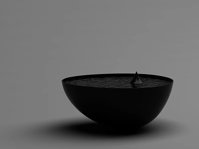 Black Bowl Shaped Fish Tank with Water and Decorative Spire on Gray Background 3d model