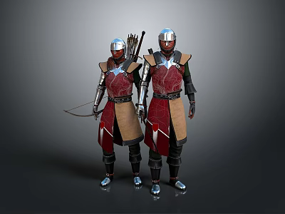 Game Movie Characters In Red Brown Armor With Silver Helmets And Bow Arrows 3d model