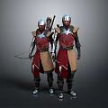 Game Movie Characters In Red Brown Armor With Silver Helmets And Bow Arrows