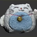 White Maneki Neko Cat Figurine With Blue Belly Red Ribbon And Golden Bell