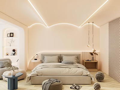 Soft Toned Modern Bedroom Interior With Neutral Bedside Tables And Hanging Pendant Lights 3d model