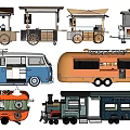Vintage Style Functional Vehicles With Street Food Carts Mobile Trucks And Colorful Designs