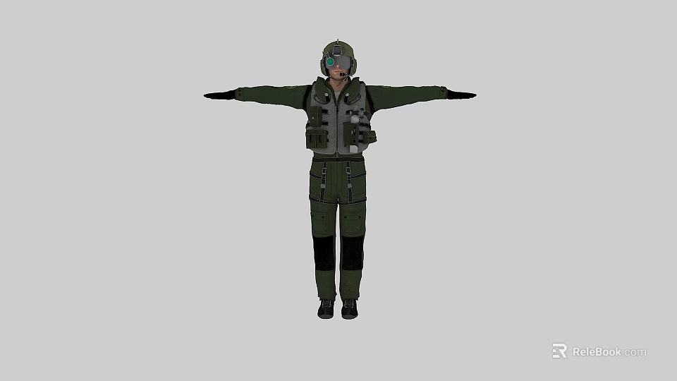Man in Green Flight Suit With Tactical Vest Helmet and Goggles Arms Outstretched 3d model 