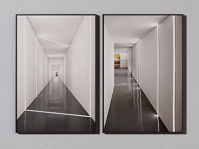 Modern Corridor Wall Art With White Walls Black Floor And Light Effects 3d model
