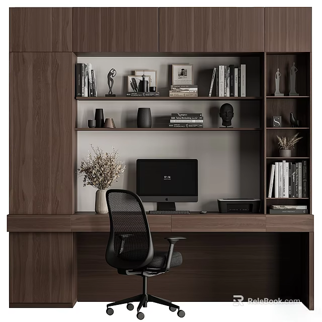 Modern Dark Wooden Bookcase Design In Home Office With Books Decorative Items And Computer 3d model 