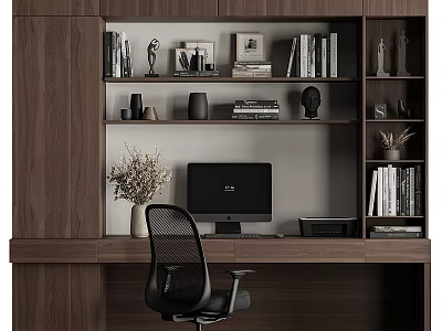 Modern Dark Wooden Bookcase Design In Home Office With Books Decorative Items And Computer 3d model