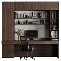 Modern Dark Wooden Bookcase Design In Home Office With Books Decorative Items And Computer