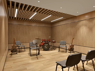 Wooden Interior Music Rehearsal Room With Drum Set Chairs And Guitars 3d model
