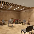 Wooden Interior Music Rehearsal Room With Drum Set Chairs And Guitars