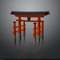 Traditional Red Torii Gate With Blue Roof And Gray Pillars