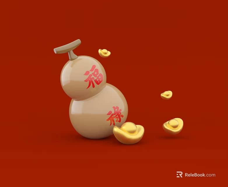 Beige Gourd Shaped Landscape Sculpture Featuring Red Fu Lu And Golden Ingots On Red Background 3d model 