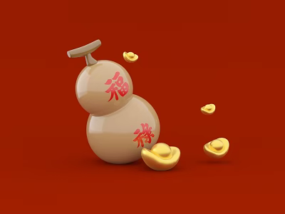 Beige Gourd Shaped Landscape Sculpture Featuring Red Fu Lu And Golden Ingots On Red Background 3d model