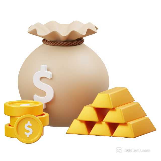 Everyday Life Supplies With Money Bag Gold Coins And Stacked Gold Bars 3d model 