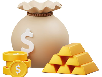 Everyday Life Supplies With Money Bag Gold Coins And Stacked Gold Bars 3d model