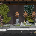 Traditional Chinese Indoor Landscape Featuring Rockery Flowing Water Pine Bonsai Lantern Lights Mist And Greenery