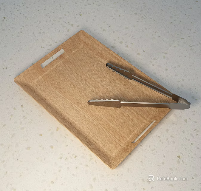 Wooden Serving Tray With Stainless Steel Tongs For Daily Household Use 3d model 