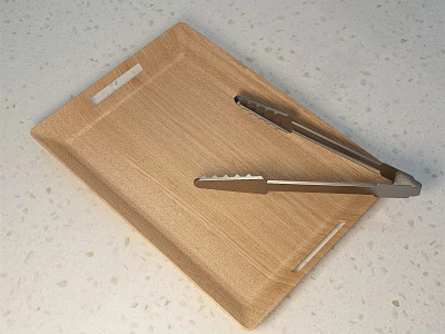 Wooden Serving Tray With Stainless Steel Tongs For Daily Household Use 3d model