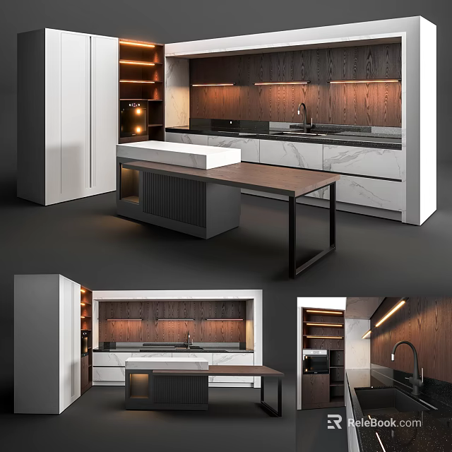 Modern Kitchen Interior With Wooden Cabinets Marble Countertop Backsplash And Island Lighting 3d model 
