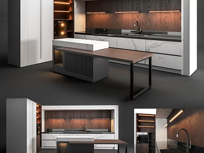 Modern Kitchen Interior With Wooden Cabinets Marble Countertop Backsplash And Island Lighting 3d model