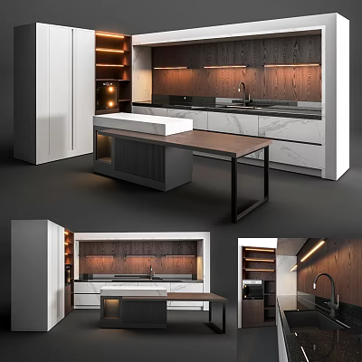 Modern Kitchen Interior With Wooden Cabinets Marble Countertop Backsplash And Island Lighting 3d model