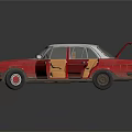Vintage Red Classic Car With Open Doors Trunk And Brown Interior