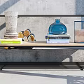Modern Dining Table Set With Orange And Beige Chairs Concrete Wall And Shelves