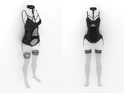 Sexy Black Strappy Bodysuit With Cutout Details And Lace Stockings For Intimate Wear 3d model