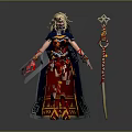 Fantasy Female Mage Character With Golden Hair Red Blue Armor Black Cape And Creature Themed Staff