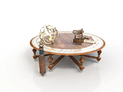 Vintage Round Wooden Table With Carved Legs Globe Telescope And Navigational Tools 3d model