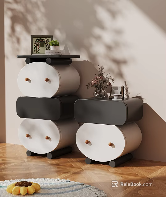 Modern White and Black Chest of Drawers with Round Drawers Potted Plant and Photo Frame 3d model 