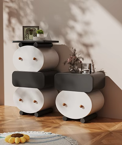 Modern White and Black Chest of Drawers with Round Drawers Potted Plant and Photo Frame 3d model