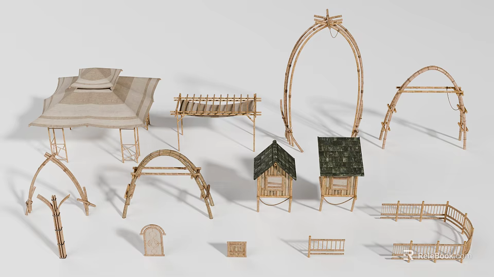 Bamboo Crafted Decorative Items Including Arches Bed Frames And Small Houses 3d model