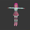 Child With Pink Hair Wearing White Top Pink Skirt Red Roller Skates Arms Outstretched