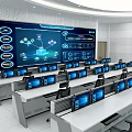 Modern Control Room Interior With Multiple Monitors Large Screen Display And Control Desks 3d model