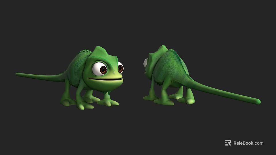 Two Cute Green Cartoon Chameleon Characters Front And Side View With Big Eyes 3d model 
