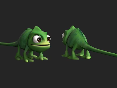Two Cute Green Cartoon Chameleon Characters Front And Side View With Big Eyes 3d model