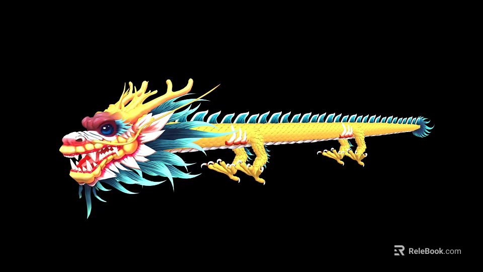 Colorful Chinese Dragon Artwork With Yellow Body Blue Mane And Red Claws 3d model 
