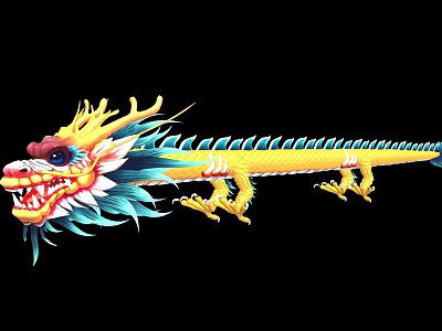 Colorful Chinese Dragon Artwork With Yellow Body Blue Mane And Red Claws 3d model